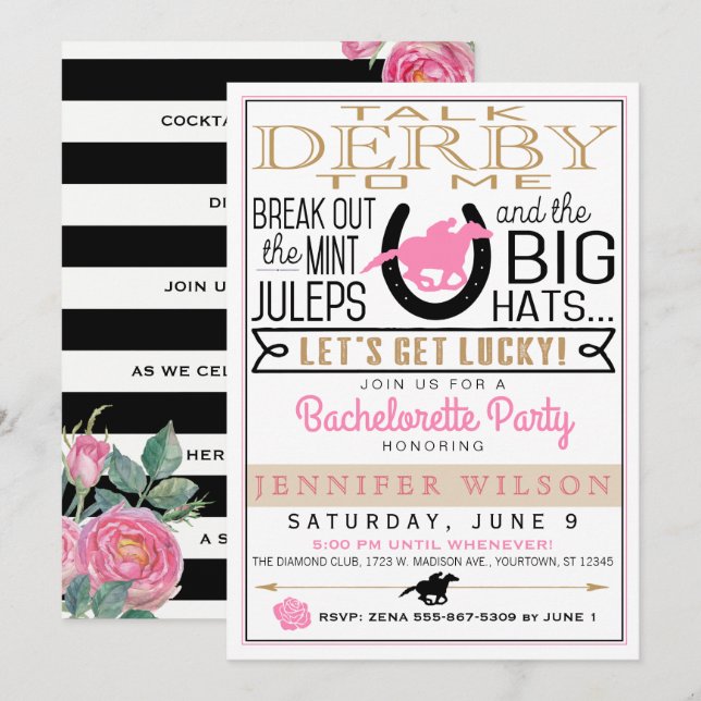 Derby Junggeselinnen-Abschied Black/Gold/Rosa Rose Einladung (Vorne/Hinten)