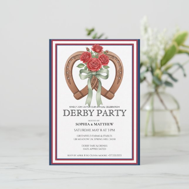 Derby Party Invitation Horseshoe Floral Wall Art Einladung (Stehend Vorderseite)