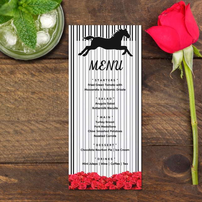 Derby Racehorse and Rose Brautparty Menükarte (Racehorse and Roses Derby-themed bridal shower menus)