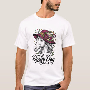 Derby-Tag Blumen Pferd Hut Vintage Gravur Design T-Shirt