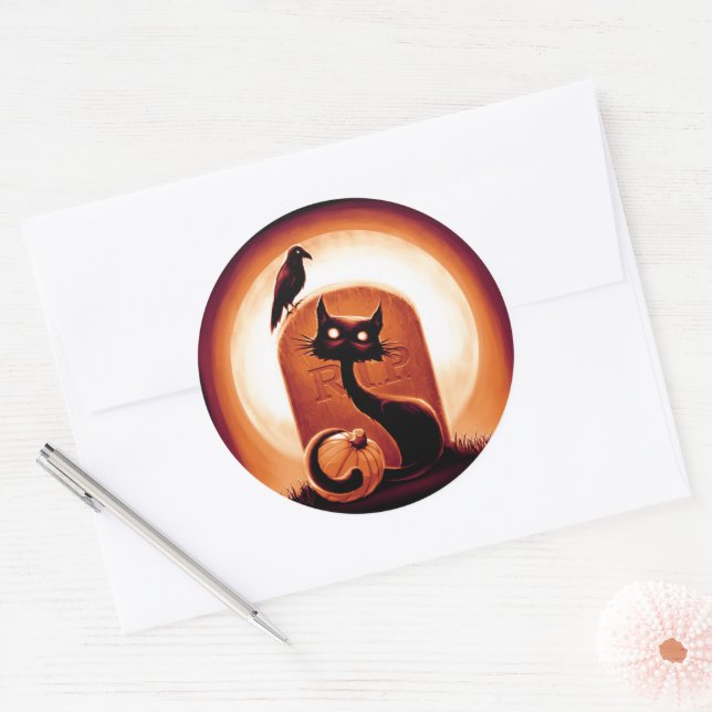 Derpy Halloween Cat von einem Grabstein Runder Aufkleber (Umschlag)