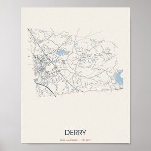 Derry, New Hampshire Straßenkarte Poster – Gegr. 1