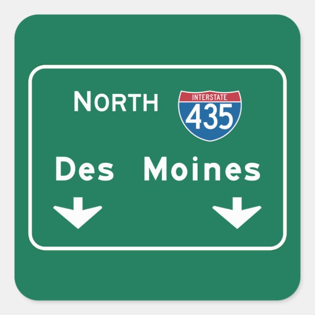Des Moines, IA Road Sign Quadratischer Aufkleber (Vorderseite)