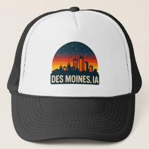 Des Moines Iowa Skyline Retro Sunset Cityscape Truckerkappe