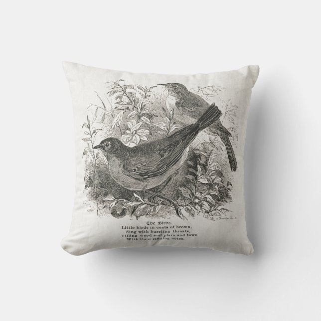 Des oiseaux Vintages ornent ce coussin de ferme (Recto)