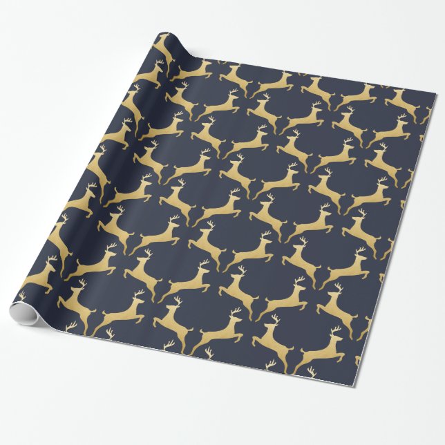 Des Ren-| Marine-Blau Geweih-Weihnachtsgoldder Geschenkpapier (Ungerollt)