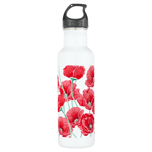 Des roten Blumenmuster Mohnblumen-Feldes der Edelstahlflasche (Vorderseite)