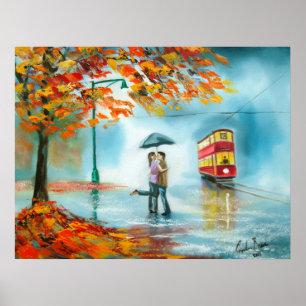 Des roten romantische Paare Tram-Regenschirmes des Poster