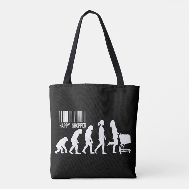 Descent of Woman Happy Shopper Evolution parody Tasche (Rückseite)