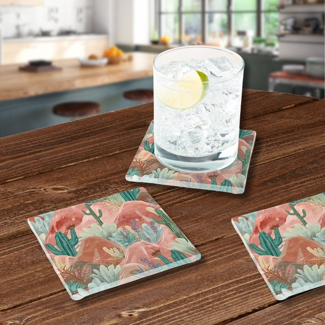 Desert Bloom Blush Canyon Watercolor Art Glasuntersetzer (Blush canyon coasters with watercolor cacti and desert blooms in soft pink, sage, and terracotta.)