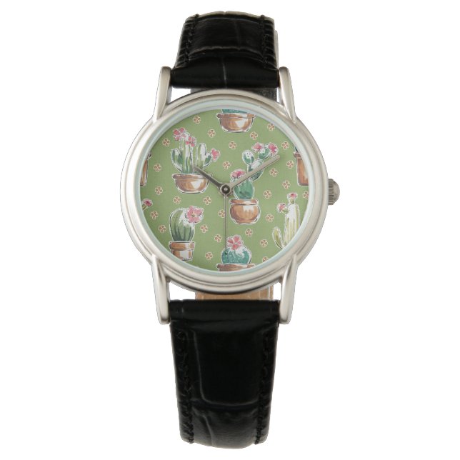 Desert Bloom Step | Green Pattern Armbanduhr (Vorderseite)