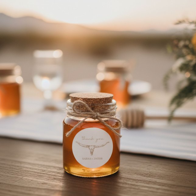 Desert Boho Cow Skull Wedding Thank You  Runder Aufkleber (Desert Boho Cow Skull Wedding Thank You Classic Round Sticker)