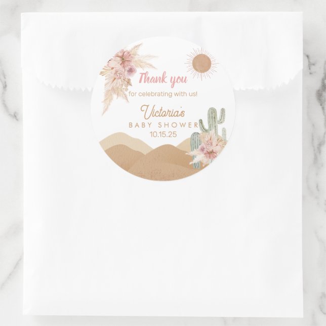 Desert Boho Girl Baby Dusche Southwestern Arizona Runder Aufkleber (Tasche)