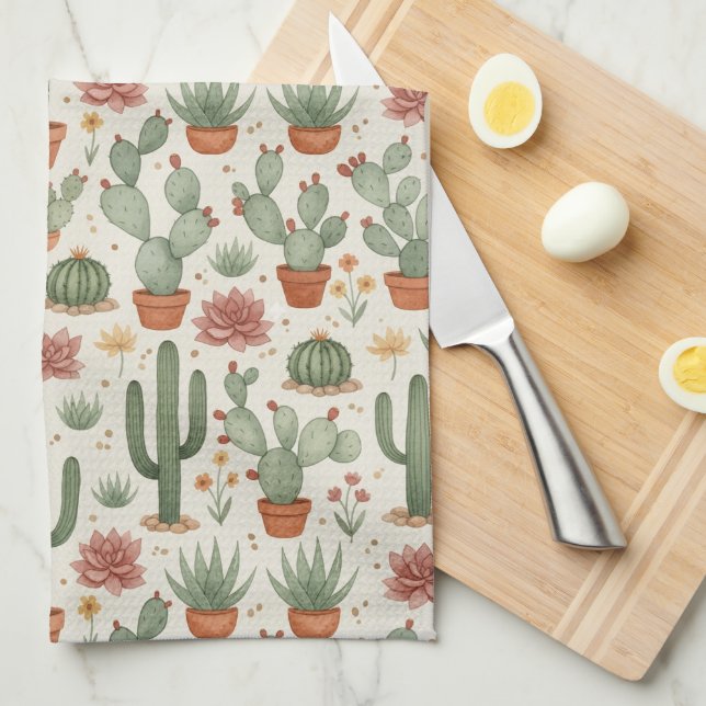 Desert Cacti Succulent Seamless Pattern Geschirrtuch (Viertel Falte)