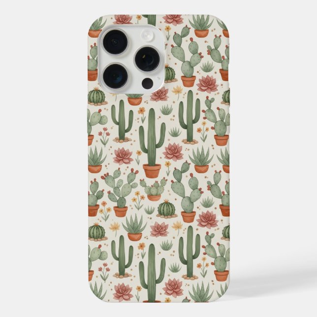 Desert Cacti Succulent Seamless Pattern iPhone 15 Pro Max Hülle (Rückseite)