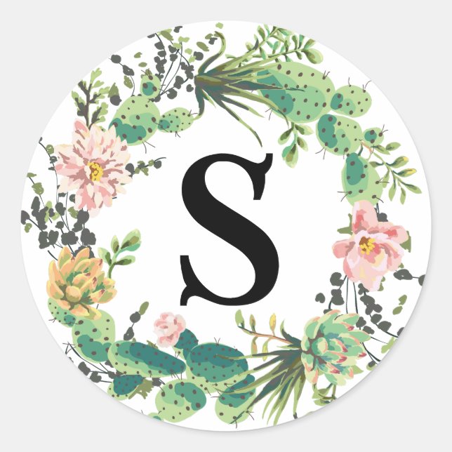 Desert Cactus Bloom Monogram Runder Aufkleber (Vorderseite)