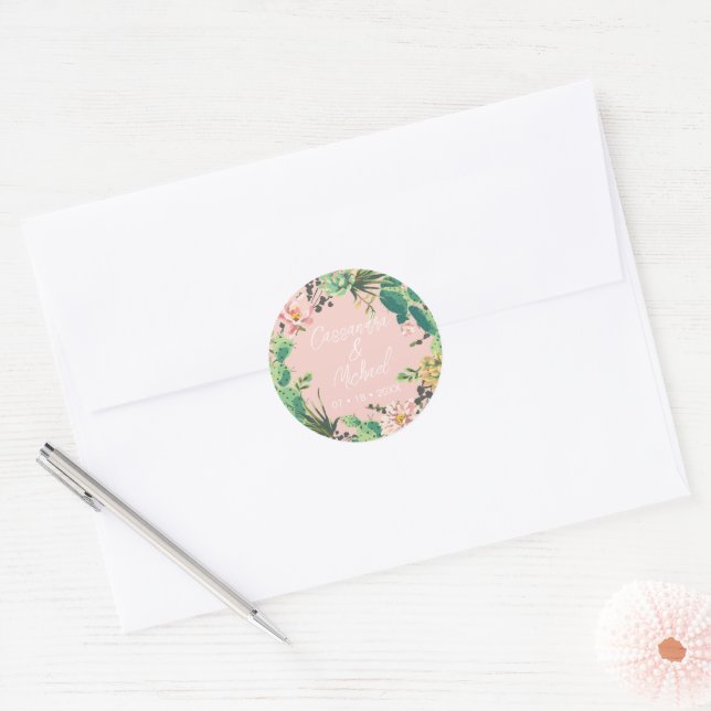 Desert Cactus Bloom Personalisiert Wedding Runder Aufkleber (Umschlag)
