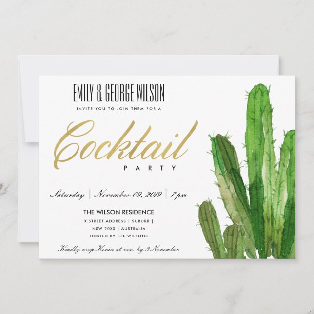 DESERT CACTUS FOLIAGE WATERCOLOR COCKTAIL PARTY EINLADUNG (Vorderseite)
