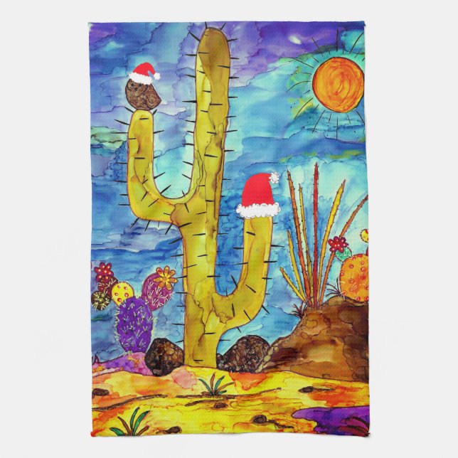 Desert Cactus Owl in einem Weihnachts-Hat-Küchentu Geschirrtuch (Vertikal)