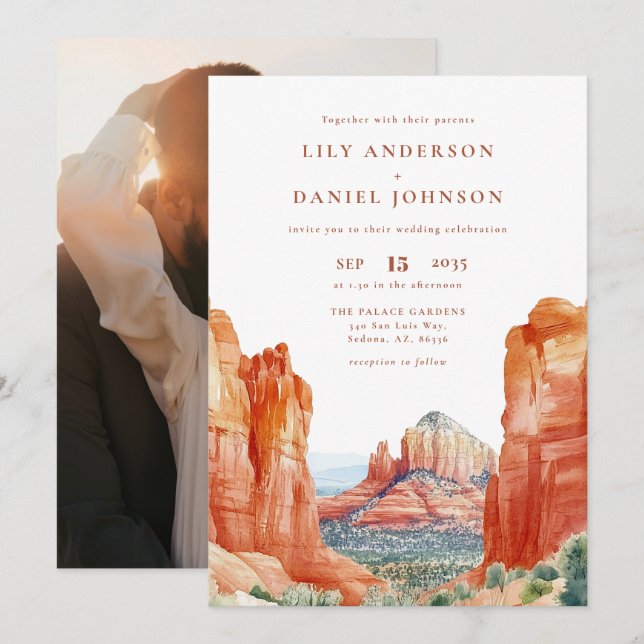 Desert Mountain Watercolor Photo Wedding Einladung (Vorne/Hinten)