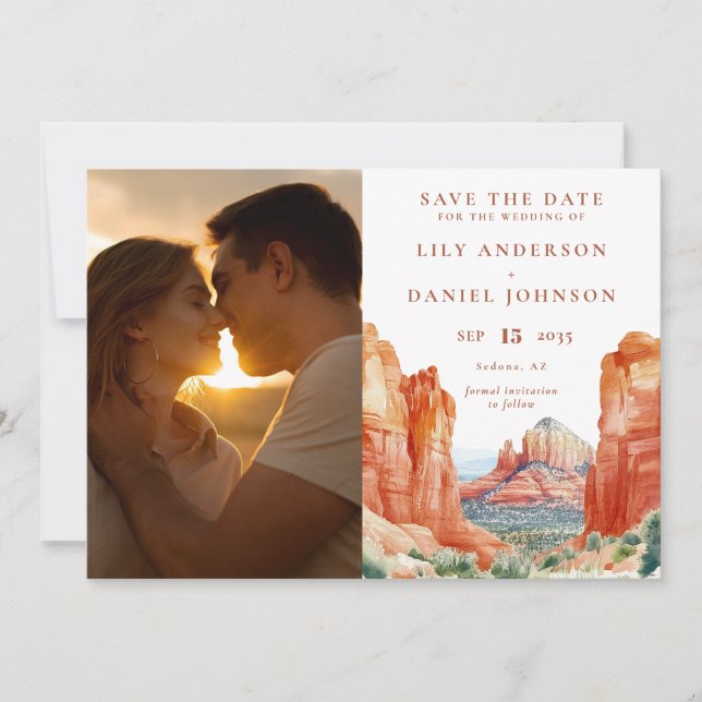 Desert Mountain Watercolor Photo Wedding Save The Date (Vorderseite)