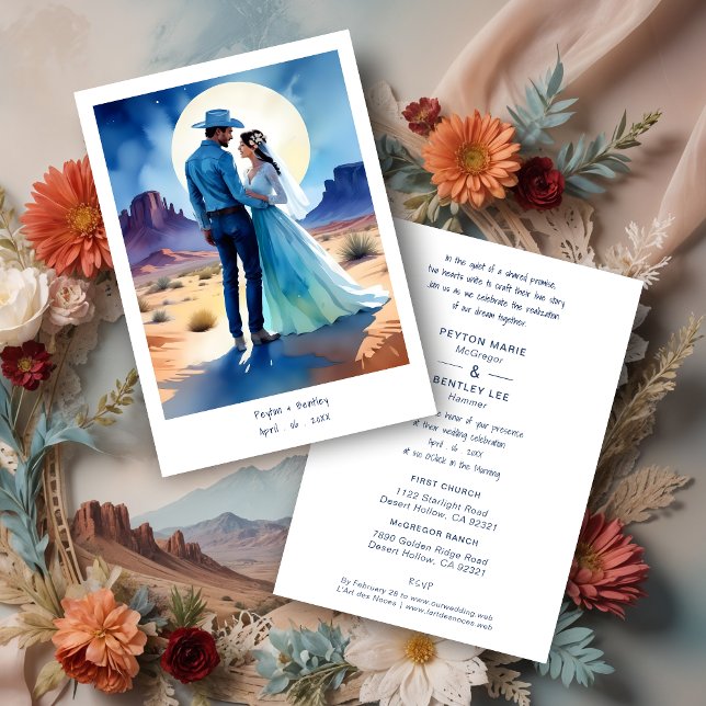 Desert Mountains Colorful landscape Wedding Cowboy Einladung (Desert Mountains Colorful landscape Wedding Cowboy Groom & Bride Couple Illustration in Blue Shades.)