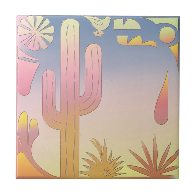 "Desert Serenity" (Kaktus & Bird Illust) Fliese (Vorderseite)