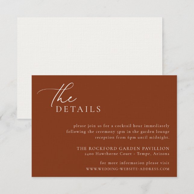 Desert Sienna Minimalist Mariage Détails Carte (Devant / Derrière)