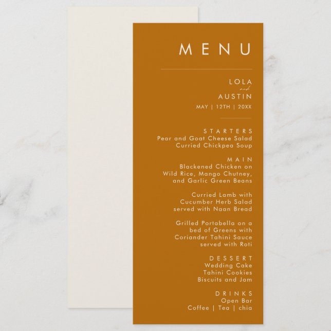 Désert simple | Burange Orange Mariage Menu Dîner (Devant / Derrière)