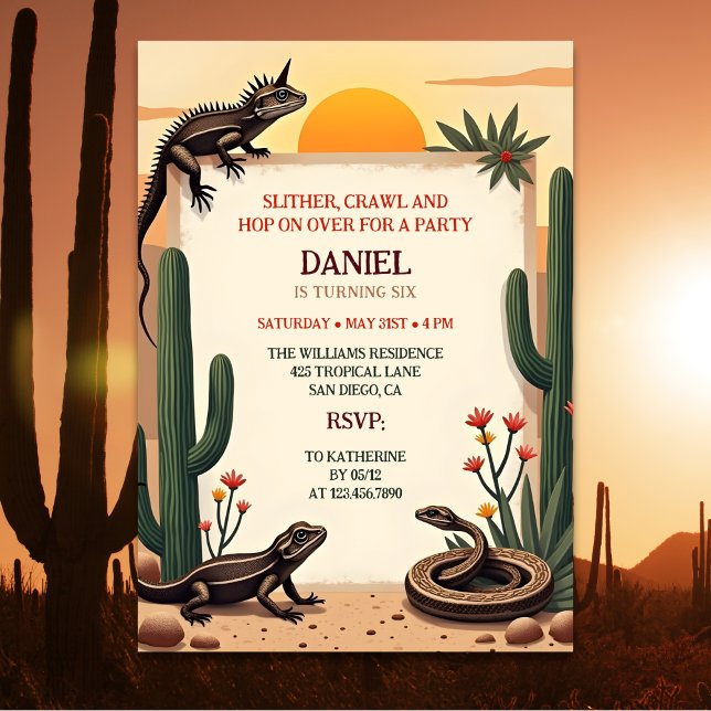 Desert Snake Reptile Themed Kindergeburtstag Party Einladung (Desert Snake Reptile Themed Kids Birthday Party Invitation)