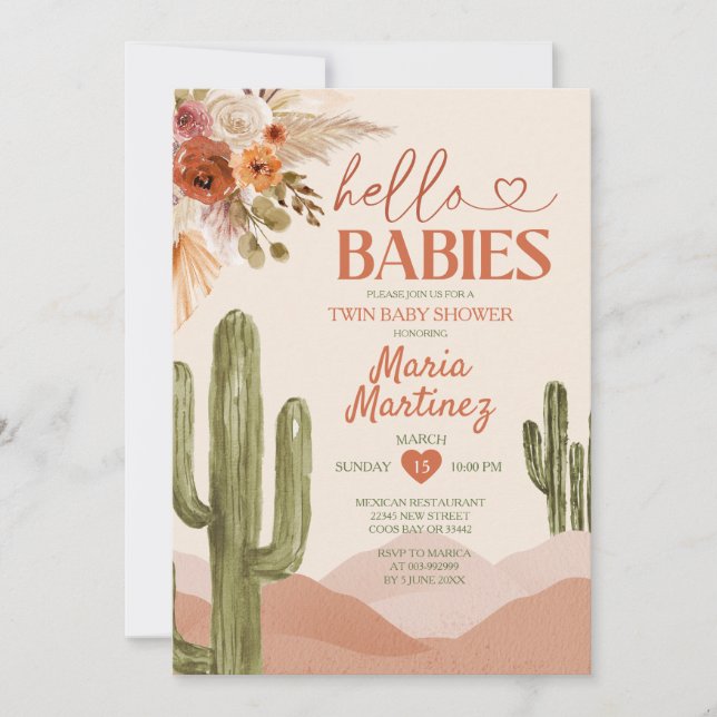 Desert Texas Twin Baby Dusche südwestliche Kaktus Einladung (Vorderseite)