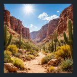 Desert Trail Between Rocky Canyons Poster<br><div class="desc">This artwork depicts a trail winding through a desert landscape surrounded by tall cacti and massive rocky formations. The bright sunlight highlights the warm tones of the sand, the rugged vegetation, and the reddish canyon walls. It is a scene that reflects the vastness of the desert and the untamed beauty...</div>
