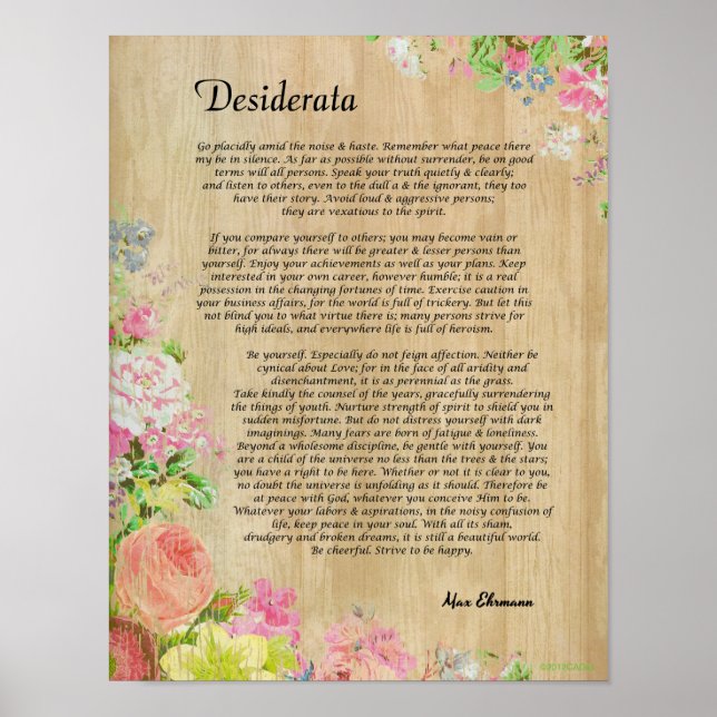 Desiderata auf der Rustikalen Holzplatte mit Blume Poster (Vorne)