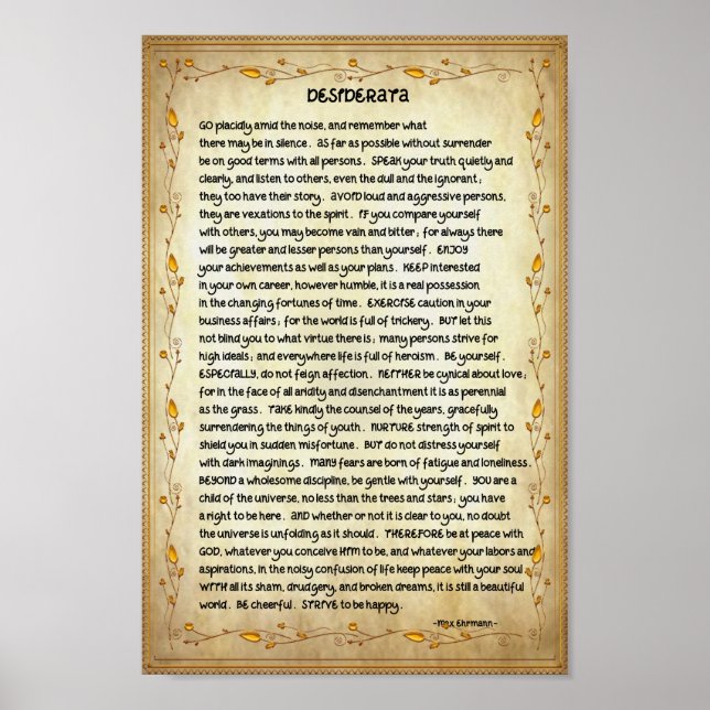 Desiderata Gedicht auf Braun und Gold Poster (Vorne)