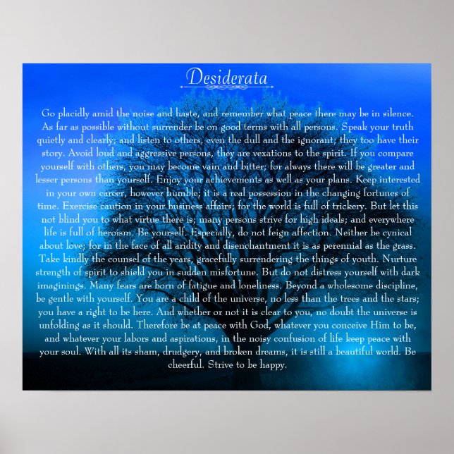 Desiderata Gedicht auf einem magischen blauen Baum Poster (Vorne)