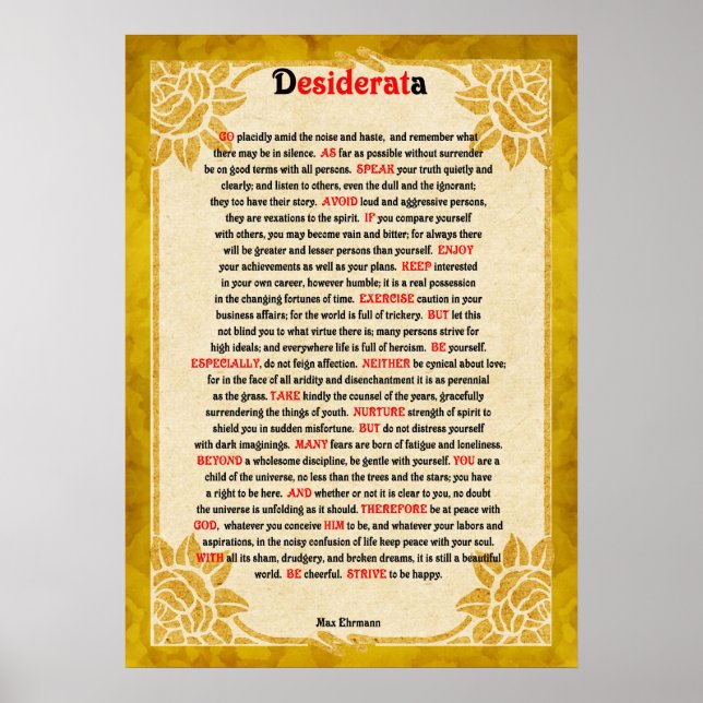 Desiderata Gedicht auf Vintagem Papierplakat Poster (Vorne)
