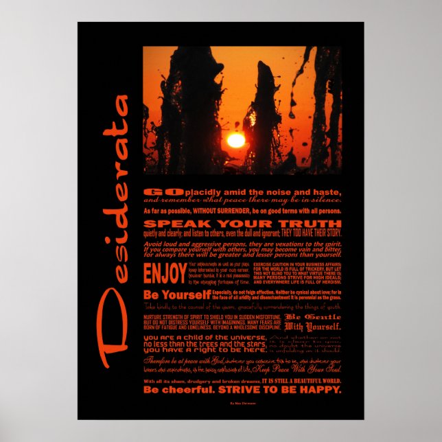 Desiderata Gedicht Fontain Wasser bei Sonnenunterg Poster (Vorne)