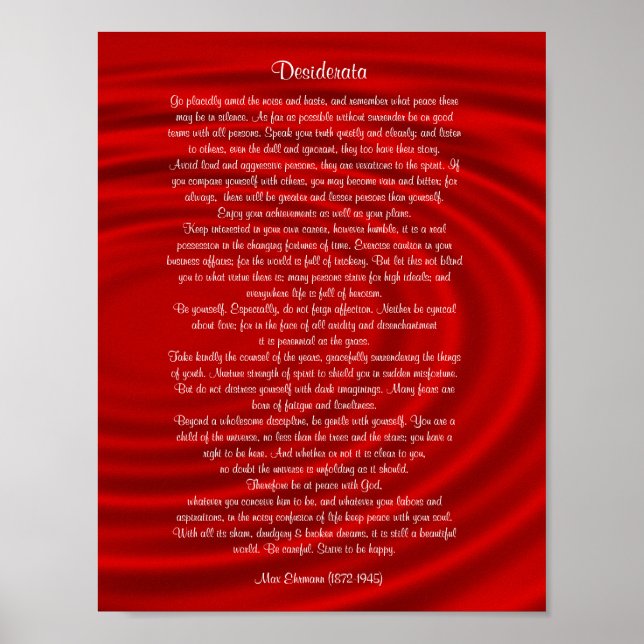 Desiderata "gewünschte Dinge", Prosa auf rot Poster (Vorne)