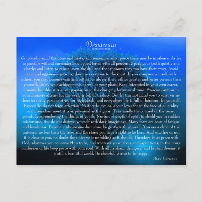 Desiderata Inspirationsgedicht mit mystischem Baum Postkarte (Vorderseite)