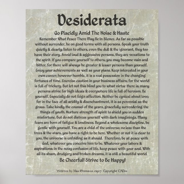 DESIDERATA Poster Max Ehrmann Calligraphie médiéva (Devant)