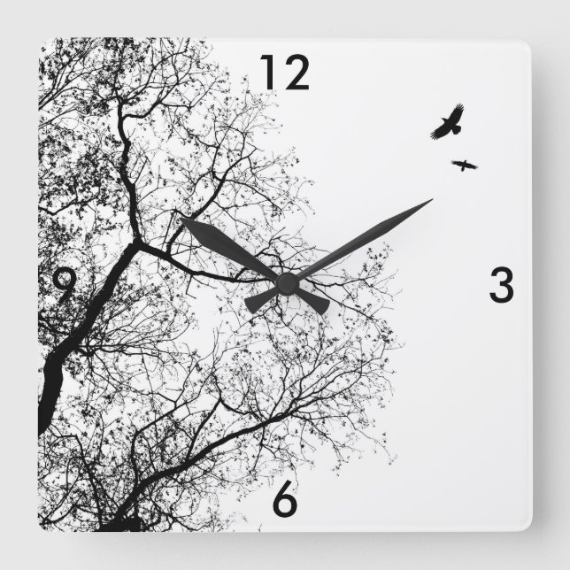Design 24 Trees and Crow Raven Birds Quadratische Wanduhr (Vorderseite)