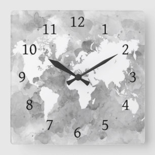 Design 49 World Map Grayscale Quadratische Wanduhr