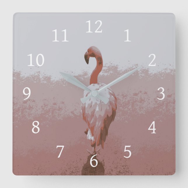 Design 60 Flamingo-Vogel Quadratische Wanduhr (Vorderseite)