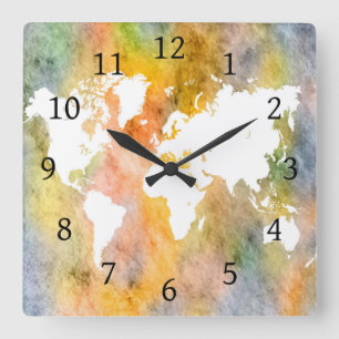 Design 63 Weltkarte Orange Quadratische Wanduhr