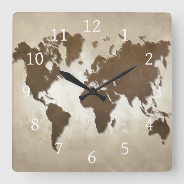 Design 64 Weltkarte Quadratische Wanduhr (Vorderseite)