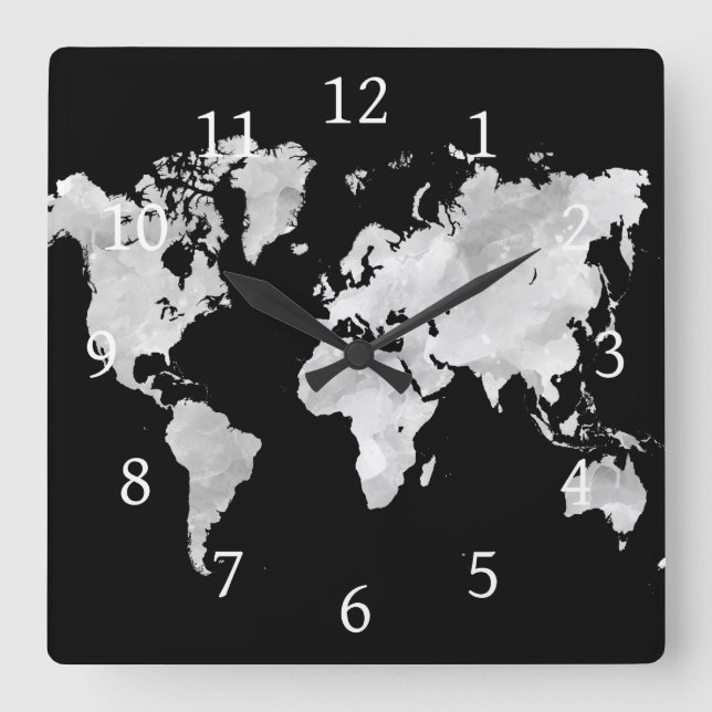Design 70 Weltkarte Quadratische Wanduhr (Vorderseite)
