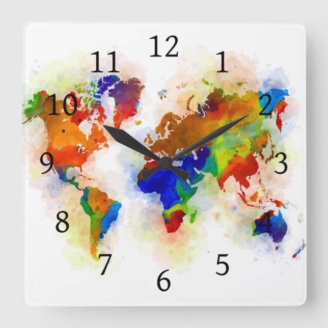 Design 77 Multicolor-Weltkarte Quadratische Wanduhr (Vorderseite)