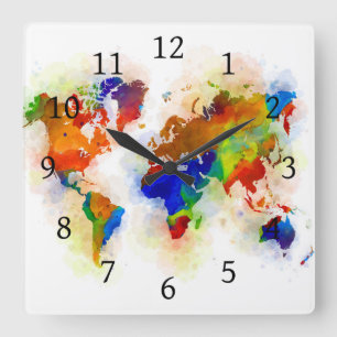 Design 77 multicolor world map quadratische wanduhr