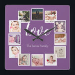 Design a 12 Photo Collage Personalized Purple Quadratische Wanduhr<br><div class="desc">12 Photo Collage Personalized Template wall clock / Purple.. simply add your own photographs and text to this great wall clock .. easy to personalize .. customizable photo template clock from Ricaso - perfect gift-ideas</div>