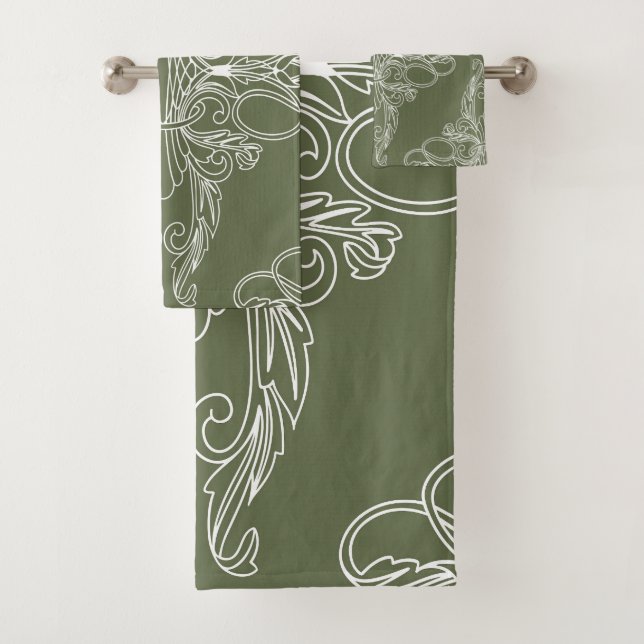 Design de luxe, motif floral, vert olive, blanc (En situation)